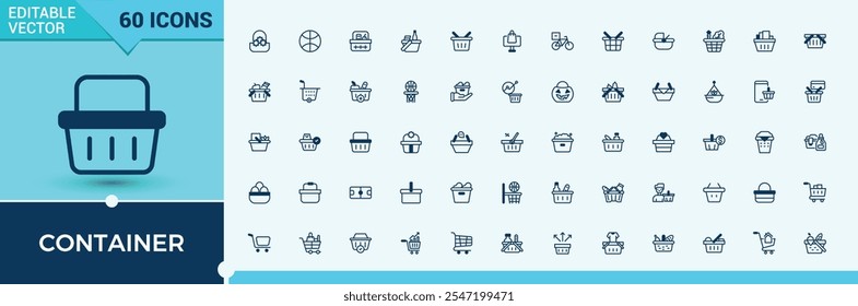 Conjunto de iconos de línea de contenedor. Relacionado con sing, Carrito, pago, comercio, negocios, comercio electrónico, ui, Web. Iconos delgados modernos. Línea de Vector e iconos sólidos.