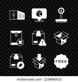 Set Container, Location with cardboard box, Scale, Carton, rice tag Free, Delete envelope and Delivery security shield icon. Vector