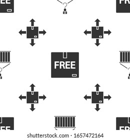 Set Container on crane, Cardboard box with free symbol  and Cardboard box with traffic symbol on seamless pattern. Vector