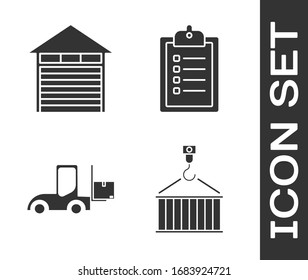 Ajuste Contenedor en grúa, Almacén cerrado , coche de carretillas elevadoras y Icono de verificación del portapapeles de lista de entrega. Vector