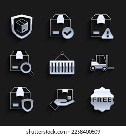 Set Container on crane, Delivery hand with box, rice tag Free, Forklift truck, security shield, Search package,  and  icon. Vector