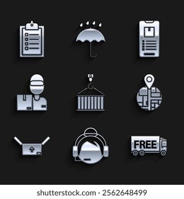 Set Container on crane, Free delivery service, , Cardboard box with traffic symbol, Delivery man cardboard boxes, Mobile phone app tracking and Verification of list clipboard icon. Vector