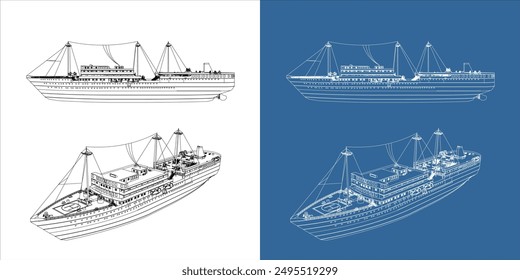 Establecer negocio de transporte marítimo de contenedores o carga. Esquema de transporte de carga logística o esquema de modelo de alambres. Plantilla de Ilustración vectorial con todos los lados aislados sobre un fondo transparente.