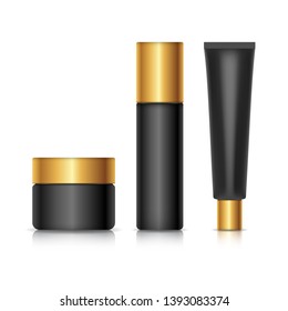 Set of container template for cosmetics. Black design with gold lids. Realistic vector mockup isolated on white background.