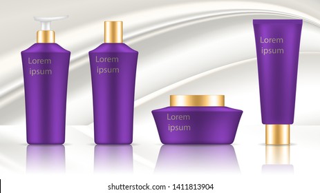 Set of container template for cosmetics. Lilac design with gold lids. Realistic vector mockup on white silk background.