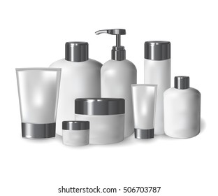 Set of containers, bottles, tubes, jars, for cosmetics. 3d illustration.