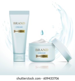 Set of containers with cosmetic cream. Splashes and drops of water. Stock vector illustration.