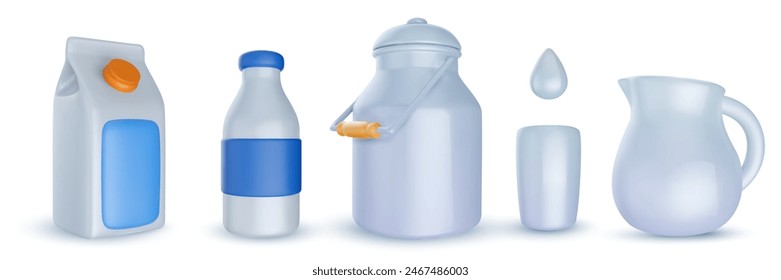 Set containers for dairy product in 3d cartoon style. Realistic cute package, bottle, can, glass, jug. Vector illustration. Template for branding milk, yogurt.