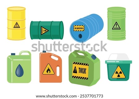 Set of containers with dangerous substances in cartoon style. Vector illustration of colored containers, canisters with the inscriptions toxic, dangerous, warning, with signs of fire, drop, radiation.