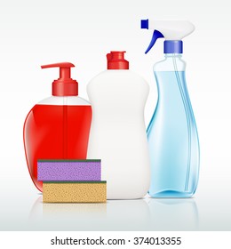 Set of containers with detergent for cleaning. Stock vector illustration.