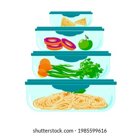 Un conjunto de contenedores con diferentes productos. Desayuno, donuts, manzanas, hierbas, pasta, queso. Almacenamiento. Aislado sobre un fondo blanco. Estilo de caricatura. Ilustración del vector