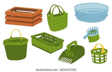 set of containers harvesting and storing crops. Flat color isolated illustration. Gardening tools. Seasonal work. Agricultural crop items. Suitable for ecology, garden, cleaning, household, packaging