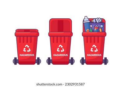 Set of containers with lid for storing, recycling and sorting used Hazardous waste. Closed empty and filled trash can with recycle sign. Simple cartoon outline vector isolated on white