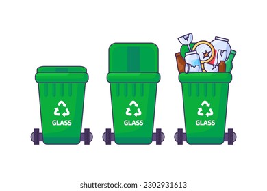 Set of containers with lid for storing, recycling and sorting used household Glass waste. Closed empty and filled trash can with recycle sign. Simple cartoon outline vector isolated on white