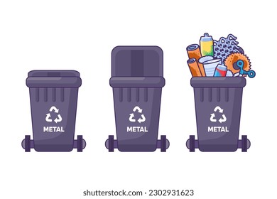 Set of containers with lid for storing, recycling and sorting used household Metal iron waste. Closed empty and filled trash can with recycle sign. Simple cartoon outline vector isolated on white