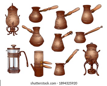 Set of containers for making coffee, antique, cezva, made in vintage style, stock vector illustration for design and decor, sticker, template, copper cookware