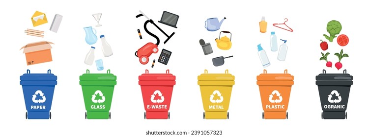 A set of containers for recycling and sorting waste. Eco. Organic waste, clothes, plastic, paper, electronic items, glass. garbage. Stock vector illustration. Isolated. White background. Conscious
