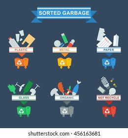 Set of containers for separate waste collection. Objects isolated on white background. Flat cartoon vector illustration.
