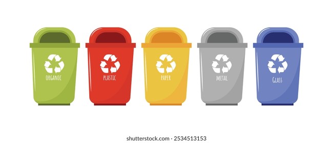 Set of containers with sorted garbage. Waste segregation. Different types of garbage: organic, metal, plastic, paper and glass. Isolated illustration EPS 10 