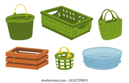 conjunto de contentores para armazenagem das culturas. Ilustração isolada de cor plana. Ferramentas de jardinagem. Trabalho sazonal. Produtos agrícolas vegetais. Adequado para ecologia, jardim, limpeza, casa, design de embalagem