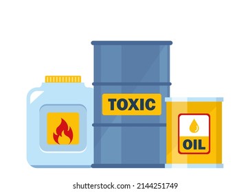 Set of containers with toxic and chemical substances. Dangerous Toxic, Biohazard, Radioactive, Flammable substances. Vector illustration