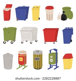 Set with Containers for waste disposal. Waste sorting. Garbage bins. Design for waste collection companies. City cleaning. Flat style in vector illustration. Isolated objects. 