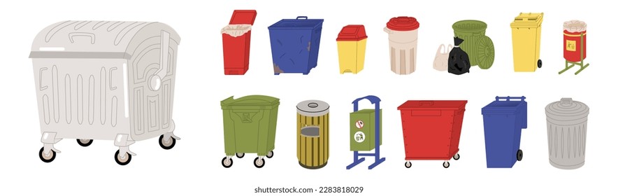 Set with Containers for waste disposal. Waste sorting. Garbage bins. Design for waste collection companies. City cleaning. Flat style in vector illustration. Isolated objects. 