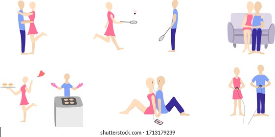 A set containing 6 graphics of spending time together by lovers (hugging, listening to music, playing palettes, baking cakes, playing on the console). Vector graphics.
