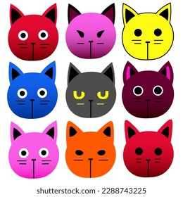 A set containing isolated vector anime sketches of cats' faces drawn in a multicolored pop art style