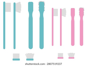 A set containing an old toothbrush with splayed bristles and a new toothbrush (available in two sizes and colors).