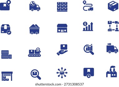 set of containing products vector icons , Supply chain glyph solid icon vector design