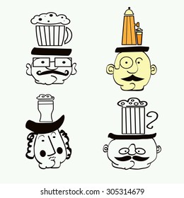  Set contains hipster cartoon images for beer design. Four character for beer design.