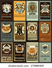 Set contains images of beer labels design with different  beer emblem, beer mugs,ribbons,patterns, brewery and place for text.Beer label design set.