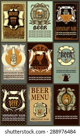 Set contains images of beer labels design with different  beer emblem, beer mugs, ribbons, patterns, brewery and place for text. Beer label design set.