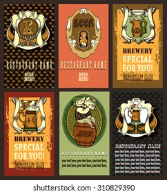 Set contains images of beer labels design with different  beer emblem, beer mugs, ribbons, pattern sand place for text. Beer label design set.