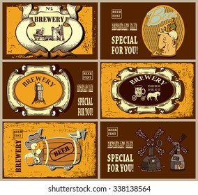 Set contains images of beer labels design with different  beer label,brewery,  man with beer mug and text. Beer labels  design set. Vintage style.Scrap booking style.