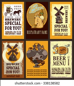 Set contains images of beer labels design with different  beer label,brewery, steam punk hearts, man with beer mug. Beer labels  design set. Vintage style.