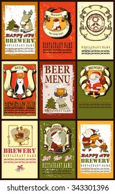 Set contains images of beer labels design with different  beer emblem, Santa,ribbons,reindeer, elf,brewery and place for text.Beer label design set.Set for beer design for winter holidays.