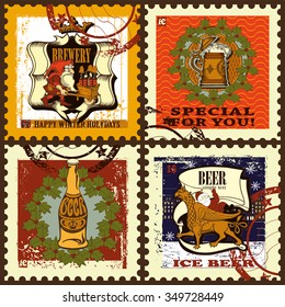   Set contains images of beer mug, Santa with Christmas tree and with gifts, beer bottles,town,snowflakes and text. New year's postage stamps set.