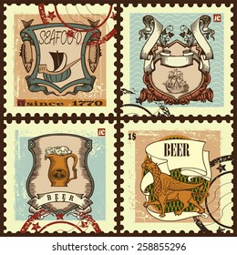 Set contains images of beer mug,ship, fish,postage stamp,postage mark,griffin and armorial escutcheons.Set of postage stamps with beer and seafood  escutcheons. Vintage style.