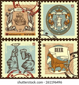 Set contains images of beer mug,ship,anchor,ribbon, postage stamp,helmet,postage mark,griffin and armorial escutcheons.Set of postage stamps with beer and whiskey escutcheons. Vintage style.