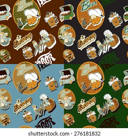 Set contains images of sea shell,seaman,fisher,mermaid,seaman with pipe,brewery,ship and text.Beer seamless patterns set.Cartoon style.