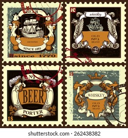 Set contains images of ship,mermaid with beer mug,lions,anchor,ribbon, postage stamp,helmet, mark,griffin and  escutcheons.Set of postage stamps with beer and whiskey escutcheons. Vintage style.