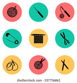 Set contains nine icons describing knitting process

