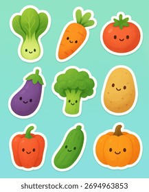 Um conjunto contém nove adesivos com legumes sorridentes.