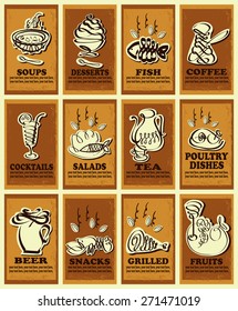 Set contains symbolic images of dessert, beer, sea foods, fish, chicken grilled, side dish, poultry dish, cocktails, salad, soup, coffee,  tea.Set of business cards with different specialties.