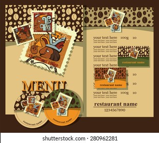 The set contains templates for business cards,coasters for cups,menu with prices and place for  text.Postage stamps made on a basis  of Maya  Indians  hieroglyphs. Coffee house style.