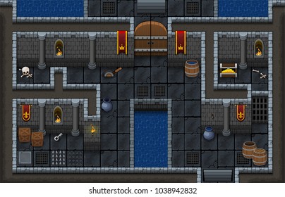 Set contains tiles and objects for creating top down game. With medieval dungeon theme. Suitable for creating fantasy RPG games