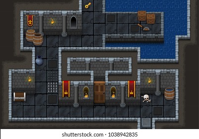 Set contains tiles and objects for creating top down game. With medieval dungeon theme. Suitable for creating fantasy RPG games