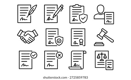 O conjunto contém vários ícones vetoriais relacionados a contratos e negócios juridicamente vinculativos. Design de estrutura de tópicos simples.